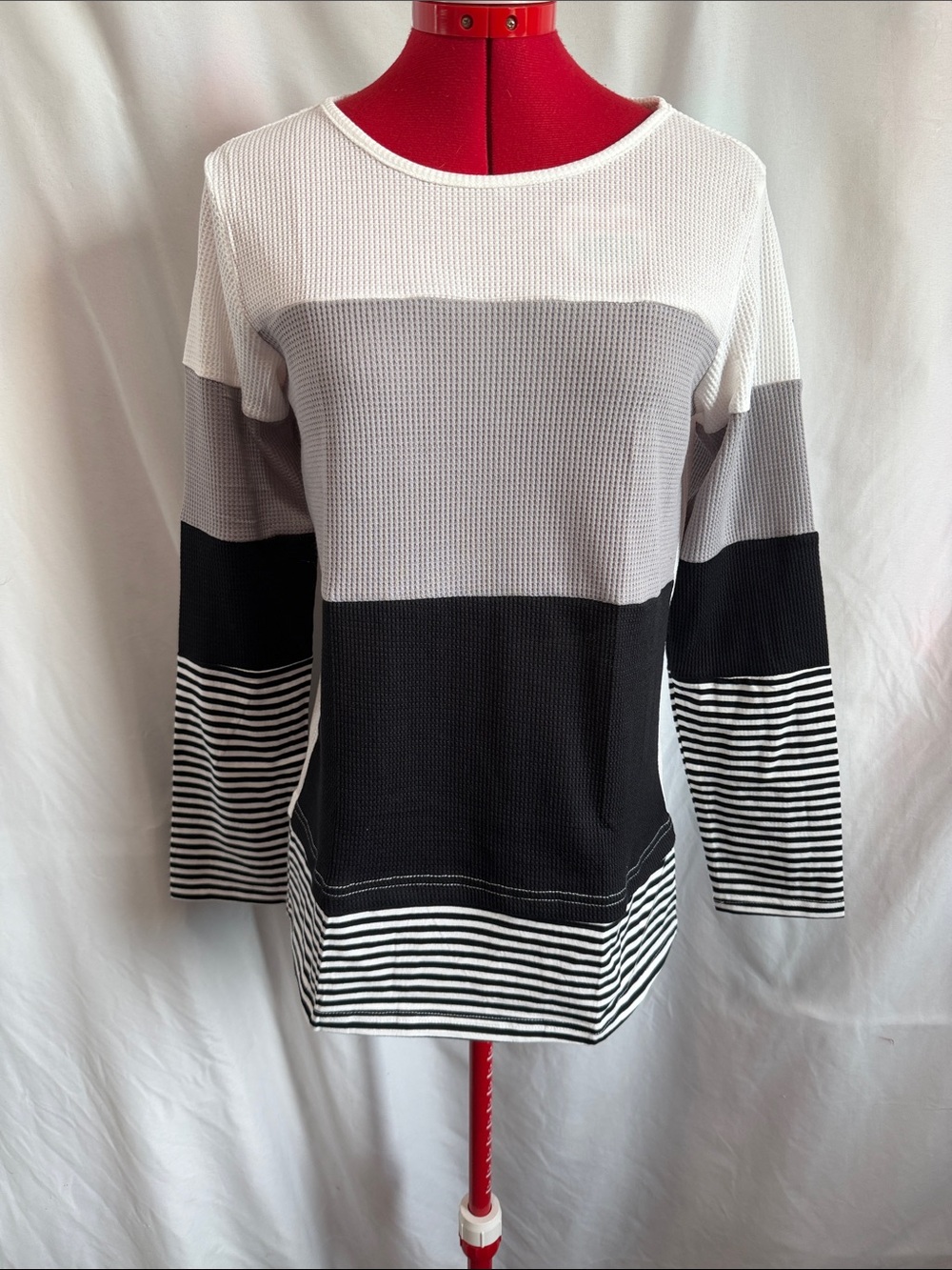 Striped Colorblock Long Sleeve Top in Black, Gray & White